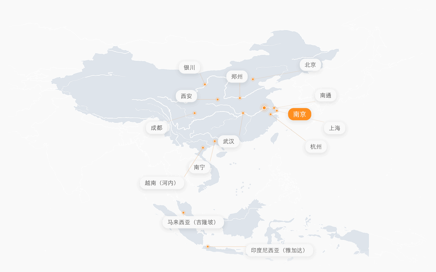 中协智能全球战略布局：南京总部、国内服务城市及越南河内、马来西亚吉隆坡、印度尼西亚雅加达